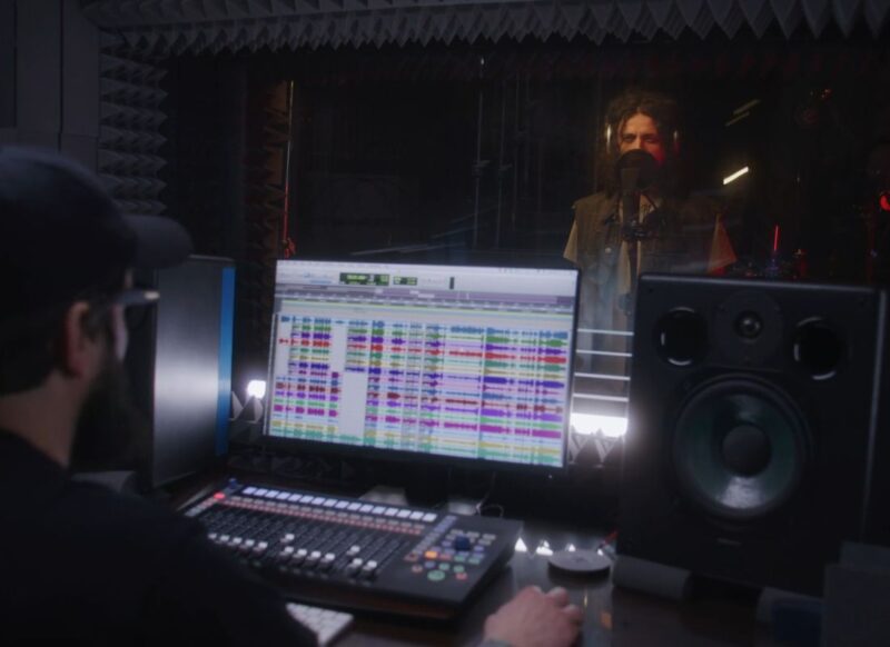 prikaz studija i snimanje pesme, momak peva u gluvoj sobi